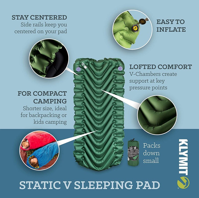 Klymit Static V Inflatable Sleeping Pad for Camping, Lightweight Hiking and Backpacking Air Bed, 2.5 Inch Thick, Short, Green - Image 1